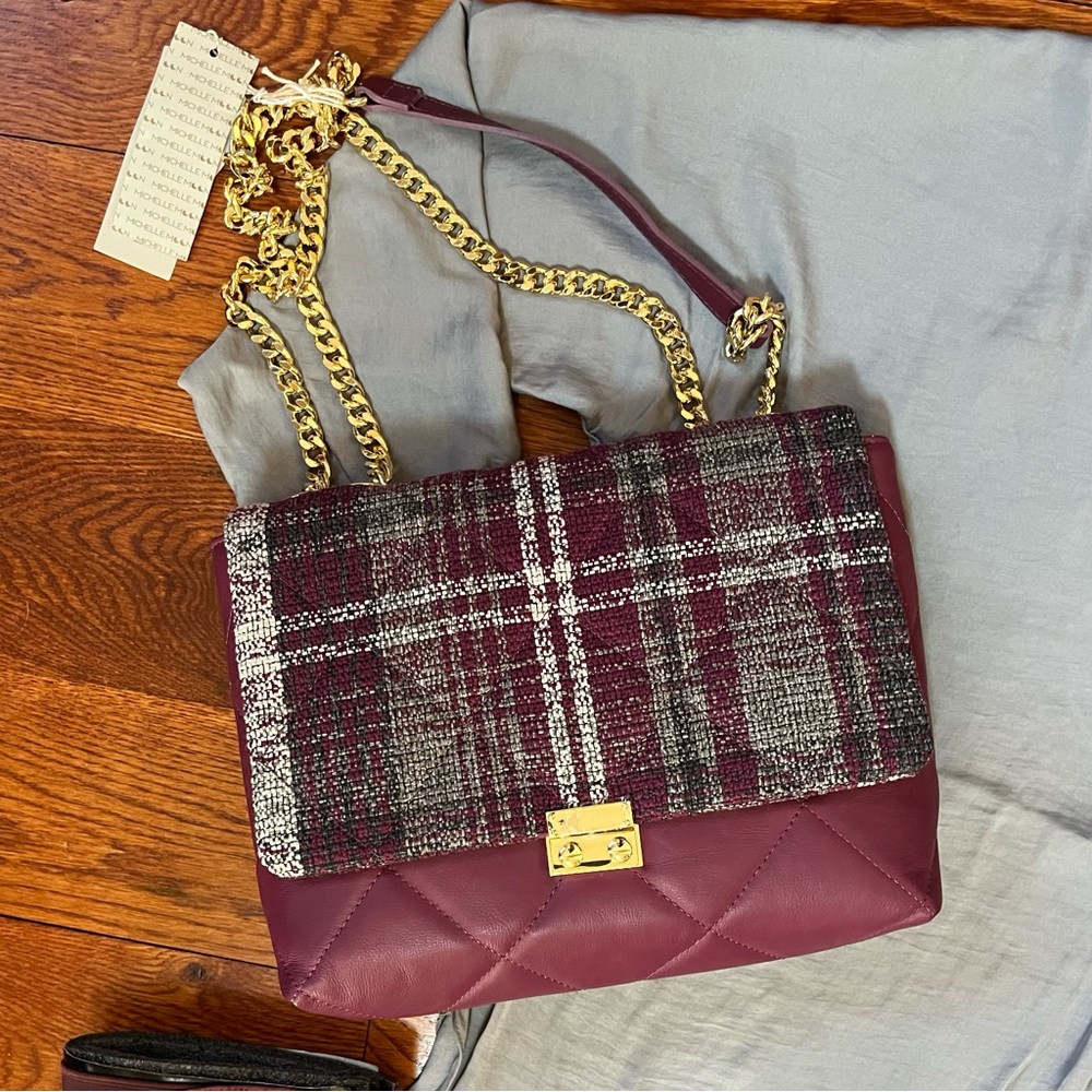 Michelle Moon Quilted Leather And Tweed Two-Tone Fabric Bag in Plum And Grey
